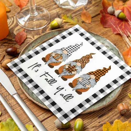 Miniatura 6 de AnyDesign Paquete de 80 servilletas de papel de gnomo de otoño, desechables, con texto en inglés "It's Fall Y'all", servilletas de almuerzo a