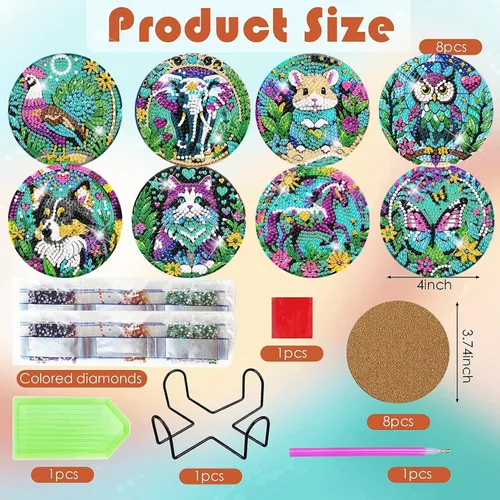 Miniatura 2 de ijbnhd 8 posavasos de pintura de diamantes de animales, posavasos de arte de diamantes con soporte para principiantes y adultos, suministros