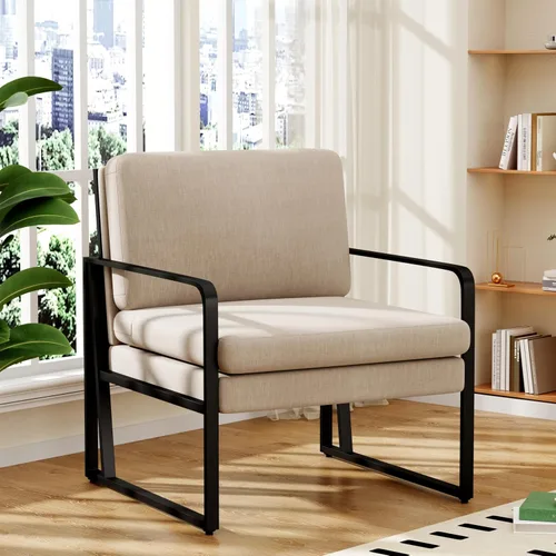 ALISH Sillas decorativas, sillón tapizado, sillas modernas para sala de estar, sillón de lino, sillas laterales de lectura con patas de metal para