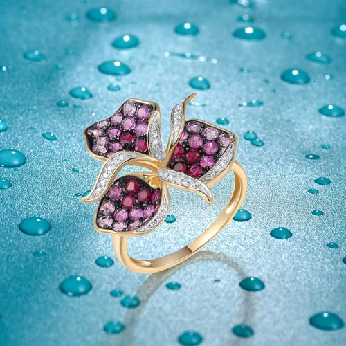 Miniatura 3 de Santuzza Anillo de oro macizo de 10 quilates con piedras preciosas para mujer