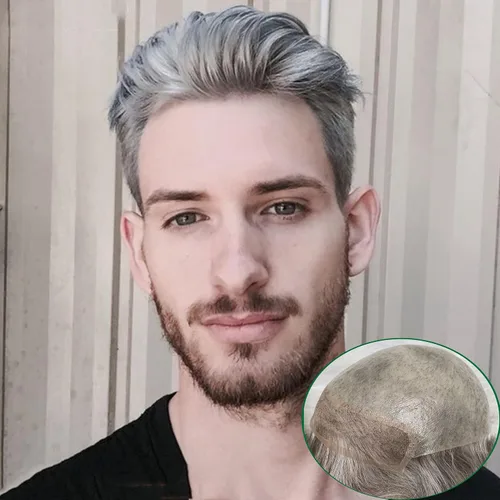Miniatura 5 de Voloria Toupee para hombres 100% cabello humano europeo suizo frente encaje frontal natural piezas de cabello 0.003 in piel fina PU V-looped sistema