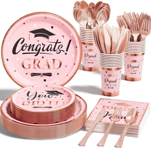 Miniatura 9 de Decoración de graduación clase de 2026, 175 piezas de suministros de fiesta de graduación desechables (sirve 25) con platos de papel, vaso