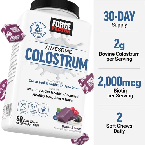 Miniatura 6 de Suplemento de calostro impresionante Force Factor, bayas y crema, 60 masticables suaves Bovine Colostrum with Biotin, Grass-Fed, Antibiotic-Free