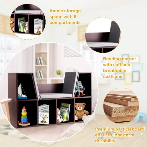 Miniatura 5 de HONEY JOY Organizador de rincón de lectura con cojín de asiento, estantería para niños con rincón de lectura, estante de almacenamiento de esquina