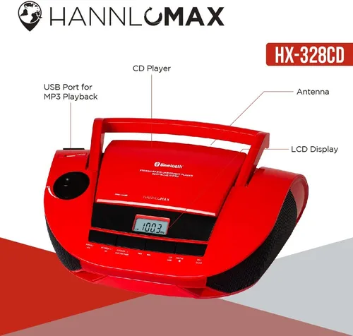 Miniatura 6 de HANNLOMAX Boombox de CD portátil HX-328CD con radio AM/FM, Bluetooth, puerto USB para reproducción de MP3, fuente de alimentación dual AC/DC Aux-in.