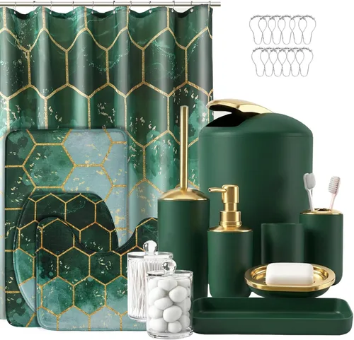 Miniatura 14 de BSSN Juego de 25 accesorios de baño negros y dorados con cortina de ducha y alfombras, basura, cepillo de inodoro, dispensador de jabón, soporte