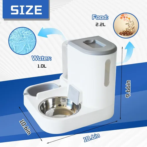 Miniatura 2 de Juego de dispensador automático de comida y agua para gatos, 2 en 1, comedero de gravedad todo en uno con tazón de comida para gatos de acero 【Gris】