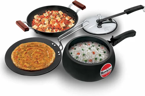Hawkins Triniti - Juego de cocina (Tava, sartén profunda, olla a presión con tapa interior), color negro (PCWSET1), aluminio anodizado duro
