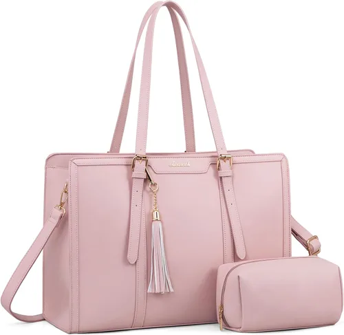 Miniatura 33 de LOVEVOOK Bolsa para laptop para mujer, bolsa de lona ligera de 15.6 pulgadas, bolsa grande para computadora, con bolso de mano, para negocios, Beige