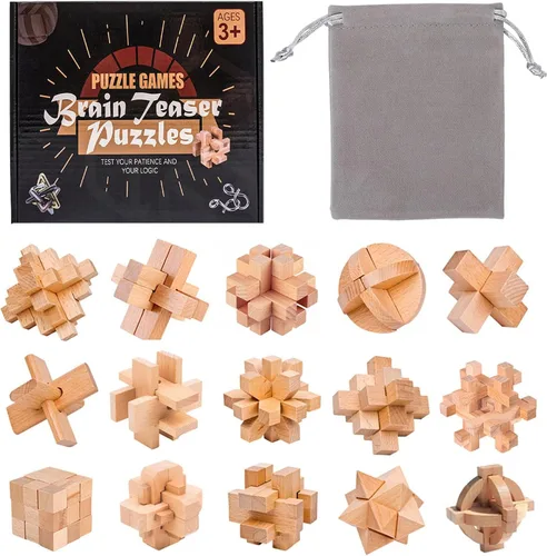 Miniatura 8 de VolksRose 12 piezas de rompecabezas de madera para ejercitar el cerebro, juegos de rompecabezas de desafío de coeficiente intelectual, juguete