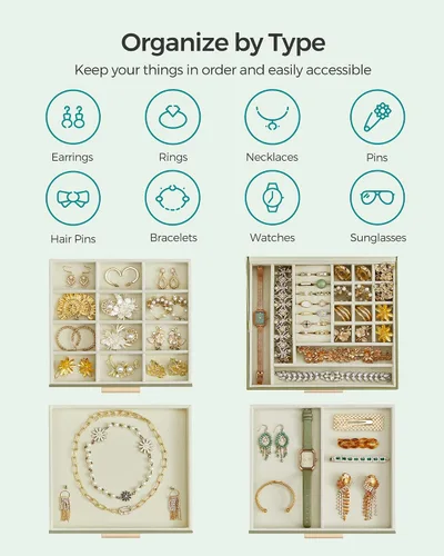 Miniatura 3 de SONGMICS Joyero organizador con tapa de cristal, almacenamiento de joyas de 4 capas, con 3 cajones, estilo moderno, 8 x 9.1 x 6.5 pulgadas