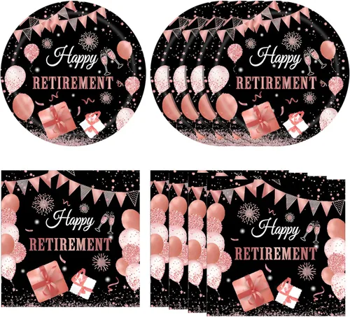 Miniatura 8 de Juego de 40 piezas de vajilla desechable para fiestas de jubilación para hombres y mujeres, color negro y plateado, incluye platos de jubilación