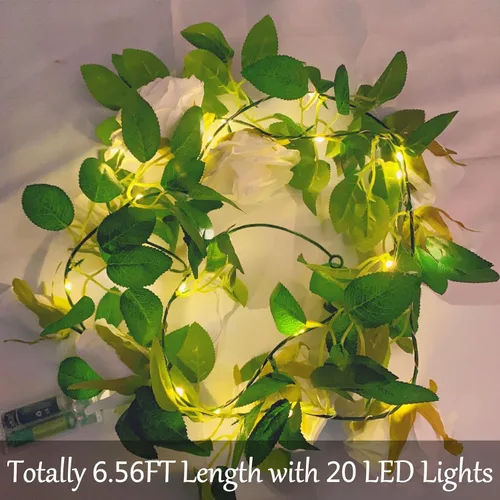 Miniatura 7 de Guirnalda de flores artificiales Fielegen con 20 luces de cadena LED, guirnalda de rosas colgantes de 2 metros con decoración de luces para jardín