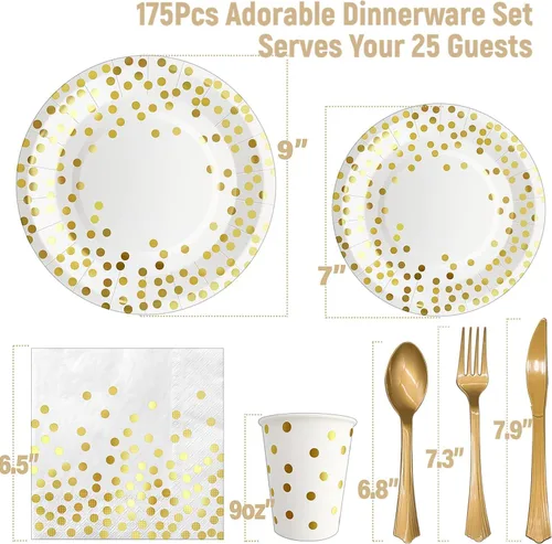 Miniatura 2 de AIRE 175 piezas de suministros de fiesta blanco y dorado, juego de vajilla desechable resistente que sirve para 25, platos de papel, tenedores
