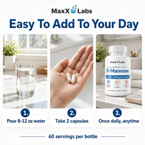 Miniatura 7 de Cápsulas de D-Manosa MaxX Labs - Cápsula de D-Manosa Extra Fuerte de Acción Rápida de 1400 MG para la Salud de la Vejiga con Potente Extracto