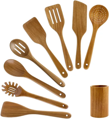 Paquete de 9 Mejores Cucharas de Madera No Tóxicas Juego de Utensilios de Cocina con Soporte para Utensilios Espátula Ranurada Turner de Cocina 9