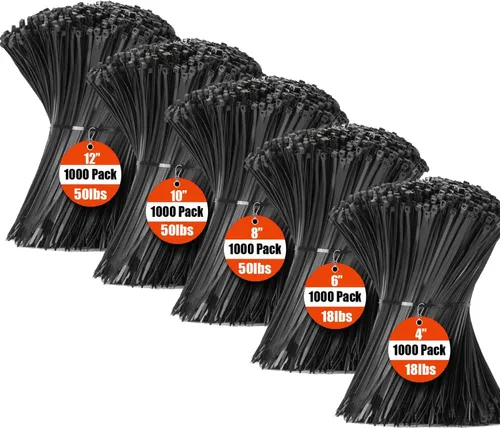 Miniatura 11 de XINGO Paquete de 1500 bridas negras de varios tamaños, 4+6+8+10+12 pulgadas, correas de nailon autobloqueantes resistentes a los rayos UV, perfectas