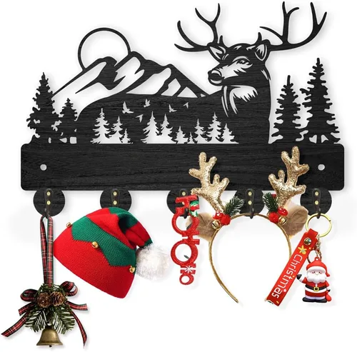 MAYJOYDIY Perchero de pared de madera con 5 ganchos, diseño de ciervo de bosque negro, soporte para llaves y organizador para entrada, pasillo, sala