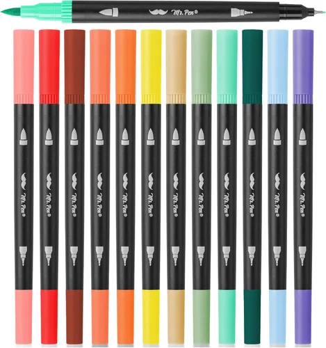 Mr. Pen - Plumones de doble punta, 12 piezas, colores surtidos, marcadores de punta fina y de pincel para colorear para adultos Morandi & Vintage