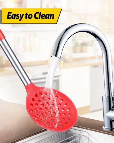 Miniatura 5 de Juego de 2 cucharones de cocina con ranuras grandes y resistentes al calor, sin BPA, antiadherentes, para escurrir y freír (negro y rojo)
