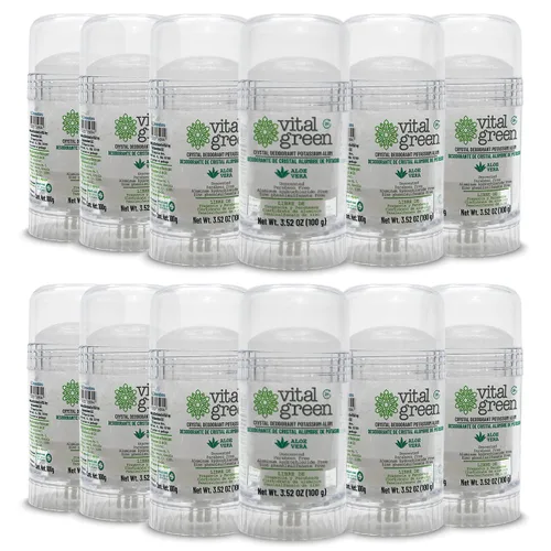 Vital Green Crystal Potassium Alum Desodorante con Aloe Vera – Desodorante mineral sin perfume para pieles sensibles – 3.53 oz / 100 g (12 unidades)