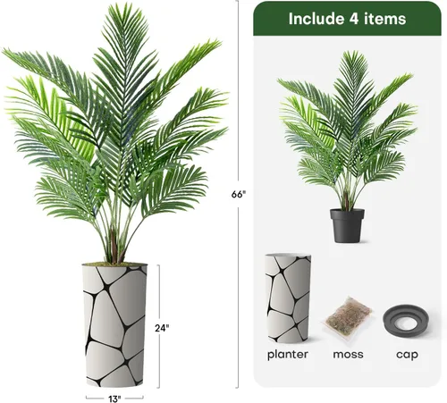 Miniatura 3 de Árbol artificial en macetero con patrón geométrico, palmera tropical areca artificial de seda para decoración del hogar en interiores y exteriores