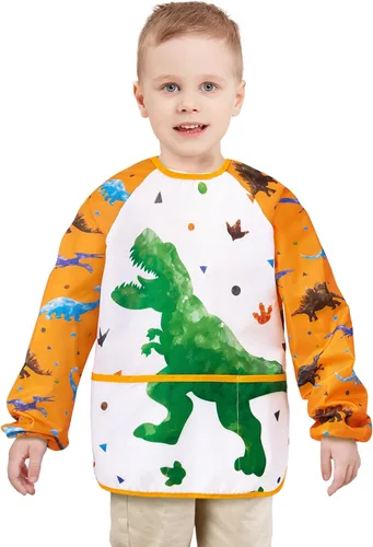 Miniatura 18 de WERNNSAI Bata de arte para niños impermeable con manga larga y 3 bolsillos de pintura Dinosaurio B001