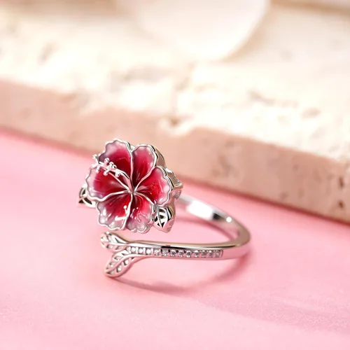 Miniatura 2 de Anillo de hibisco Anillo de flor hawaiana con joyería de hibisco de plata de ley ajustable abierta para mujer, talla 7