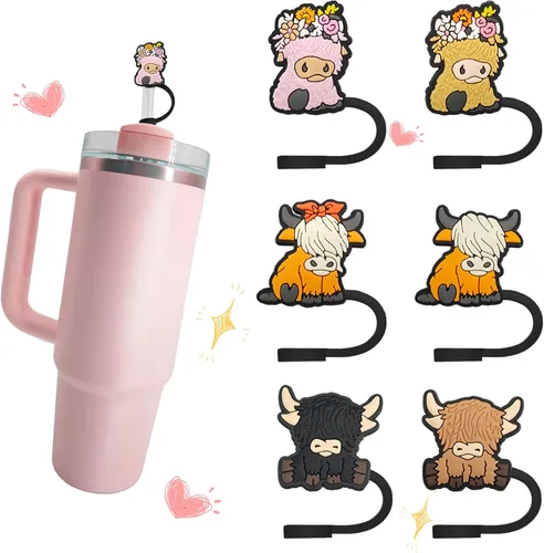 6 piezas de cubierta de pajita de silicona para vacas de las Tierras Altas, cubierta de pajita, tapa de pajita para vaso Stanley, adecuada para