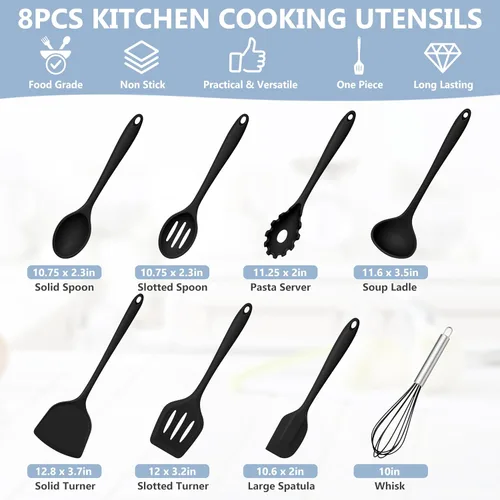 Miniatura 2 de TeamFar Juego de utensilios de cocina de silicona, 8 piezas, resistente al calor de 446 °F, espátula, cuchara, batidor, utensilios de cocina Negro