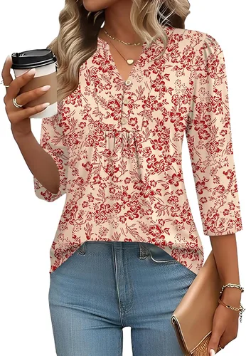 Miniatura 16 de IECCP Blusas de verano de manga 3/4 para mujer, estilo casual, cuello Henley, cuello en V, plisadas, ajuste holgado, blusas de trabajo