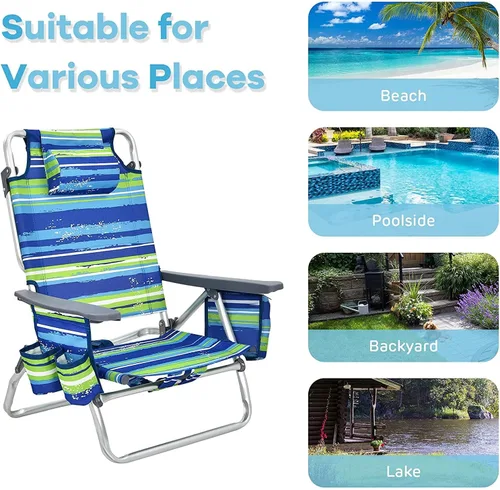 Miniatura 7 de Goplus Silla de playa, mochila plegable para adultos, sillas de playa con posiciones ajustables, almohada para la cabeza, bolsa refrigeradora