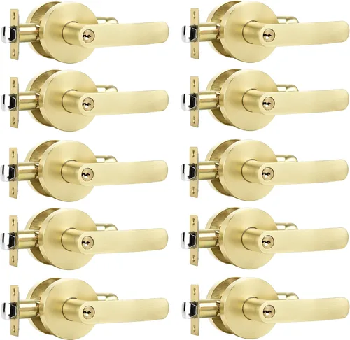 Leydebong Paquete de 10 manijas de puerta de entrada de color dorado claro (con llave similar), perillas de puerta interior resistentes, cerraduras