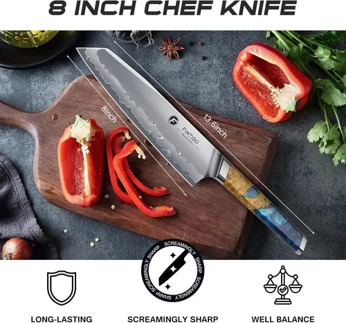 Miniatura 5 de FINTISO Cuchillo de Chef de 8 pulgadas Cuchillo de Cocina con Núcleo de Acero en Polvo S35VN Cuchillo de Chef Japonés, Cuchillo de Cocina de Acero