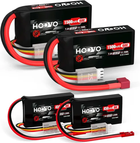 HOOVO Paquete de batería de 7.4V 30C 450mAh con enchufe JST (2 paquetes)+7.4V 60C 1500mAh Lipo batería con enchufe T (2 paquetes)
