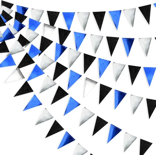Decoraciones de fiesta de 30 pies azul marino, negro y plateado, bandera triangular azul real, banderín con banderines para graduación, cumpleaños,