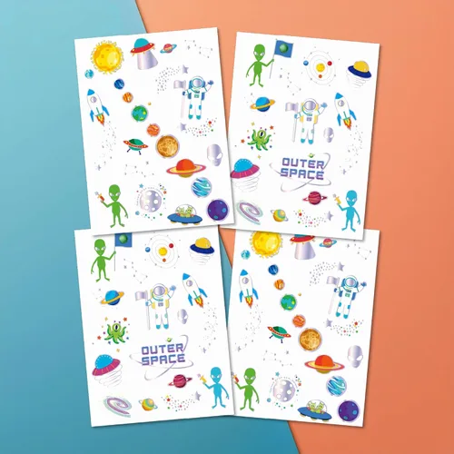 PapaKit Outer Space - Juego de tatuajes falsos temporales, 4 hojas de 38 estilos con lámina plateada metálica, suministros de regalo de fiesta de