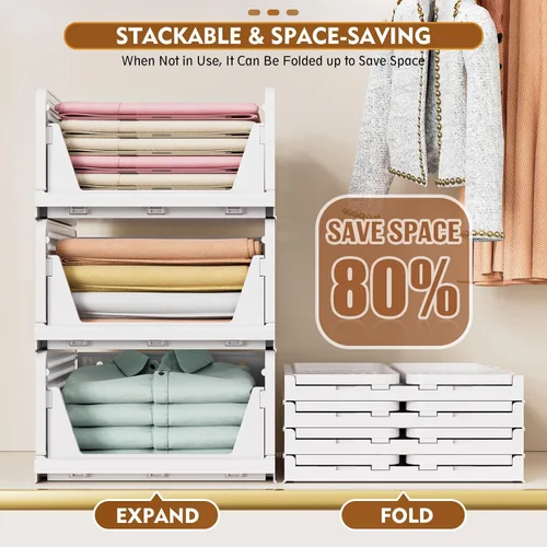 Miniatura 5 de SNSLXH Paquete de 5 cajas organizadoras apilables de armario, cesta de almacenamiento multifuncional y plegable para baño, cocina, lavandería, Rosa