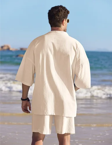 Miniatura 3 de COOFANDY Conjuntos de lino para hombre, 2 piezas, cárdigan, ropa de playa y conjuntos cortos