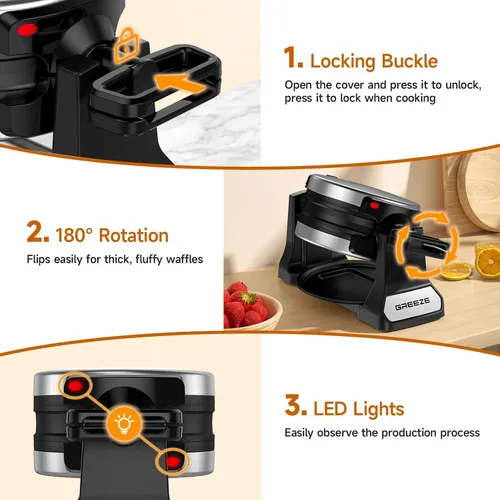 Miniatura 4 de Waflera, Waflera Belga Doble con Giro de 180°, Plancha para Wafles de 1400W para 8 Rebanadas, Placas Giratorias y Antiadherentes con Bandeja