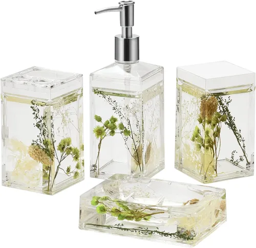 Miniatura 20 de Locco Decor - Juego de 4 piezas de accesorios para tocador de baño, acrílico líquido con movimiento flotante 3D en forma de hoja