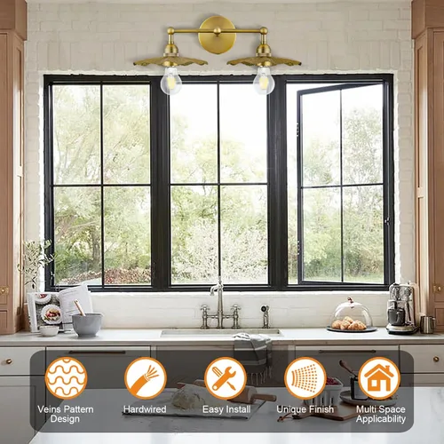 Miniatura 2 de PASSICA DECOR Lámpara de pared con cable de 2 cabezales, lámpara de pared para interiores, latón antiguo, 2 luces con pantalla de flores, accesorio