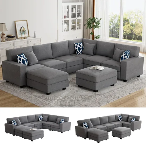 Legend Vansen - Sofá modular seccional en forma de U con otomano, moderno, reversible, de esquina para sala de estar (gris oscuro, sofá en forma de