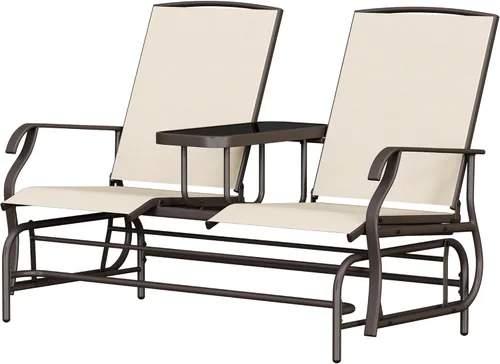 Yaheetech Planeador de 2 asientos para exteriores con mesa central, sofá biplaza mecedora para patio con marco de metal resistente de malla Beige
