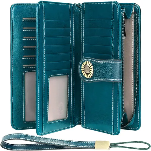 Miniatura 9 de HUANLANG Cartera grande de cuero para mujer con bolsillo para monedas, organizador de cartera RFID para mujer con correa para muñeca, Estilo 2