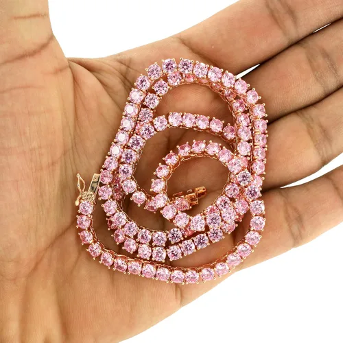 Miniatura 4 de Rosa Lab Diamond 1fila tenis Collar 14K Rose Gold Finish 24inch Cadena 4mm única