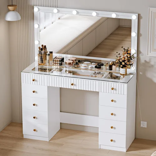 Miniatura 9 de Arulvmrn Escritorio de maquillaje de 43 pulgadas con espejo y luces, y toma de corriente, mesa de tocador grande con parte superior de vidrio con 9