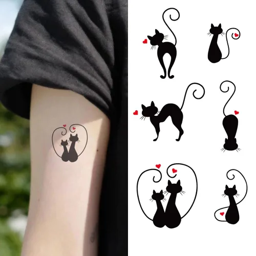 Juego de 2 calcomanías de tatuaje temporal pequeñas, diseño de pareja de tótem de cola de gato negro, diseño de pareja para mano, cuello, cara, K-222