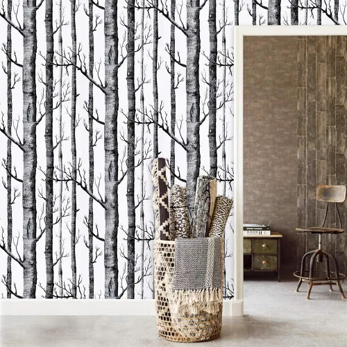 Miniatura 6 de Papel tapiz de árbol de abedul de 17.7" x 118" despegar y pegar para dormitorio/sala de estar papel contact negro removible autoadhesivo papel