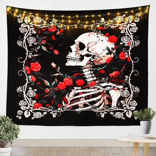 Miniatura 19 de Tapiz femenino de flores de rosas rojas, tapiz de pared para el día de San Valentín, decoración de habitación de niñas y mujeres, cielo estrellado